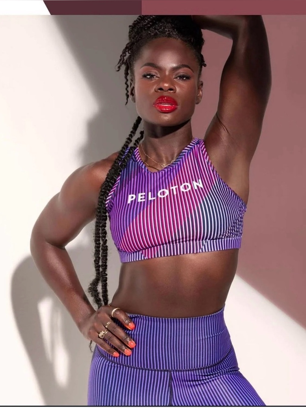 PELOTON purple & magenta striped Peloton x WITH Sports Bra & leggings set.